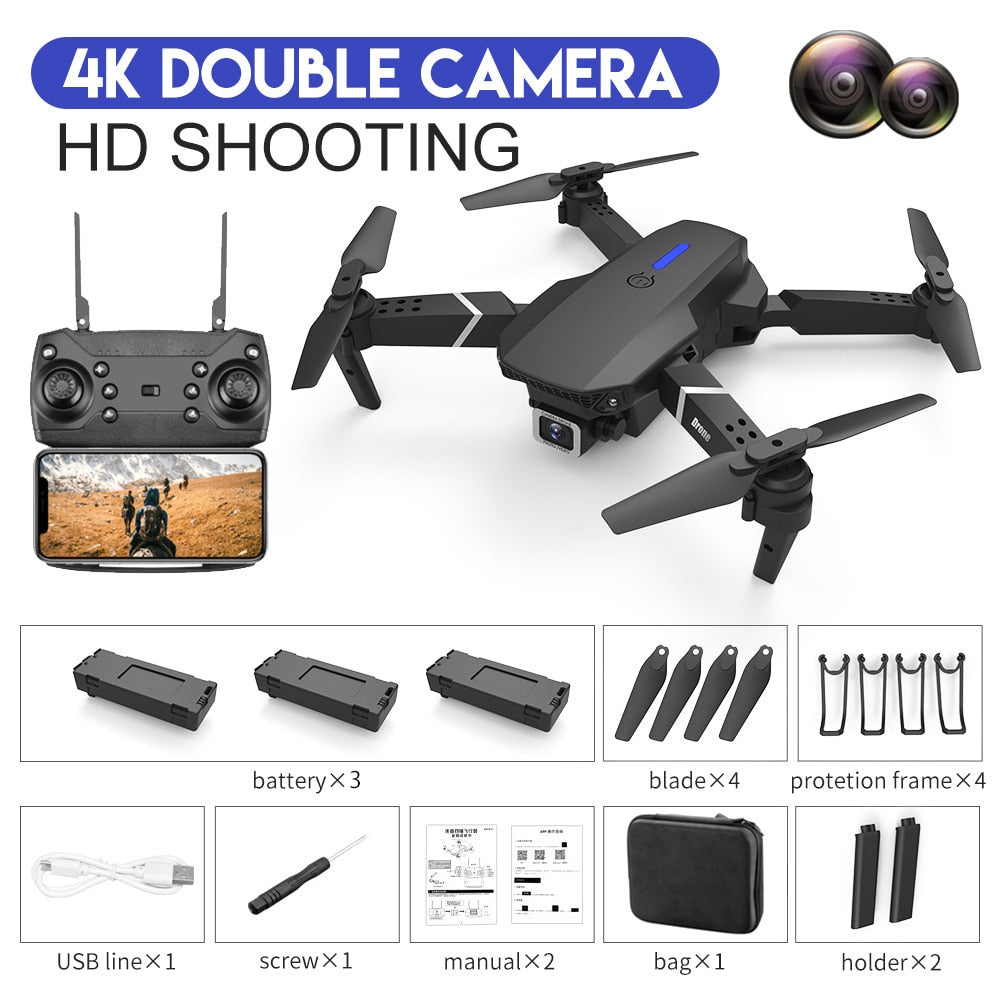 2022 New Quadcopter E88 Pro WIFI FPV Drone With Wide Angle HD 4K 1080P Camera Height Hold RC Foldable Quadcopter Dron Gift Toy